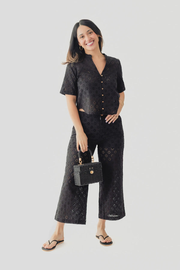 Black Tape Cutwork Embroidery S/S Blouse