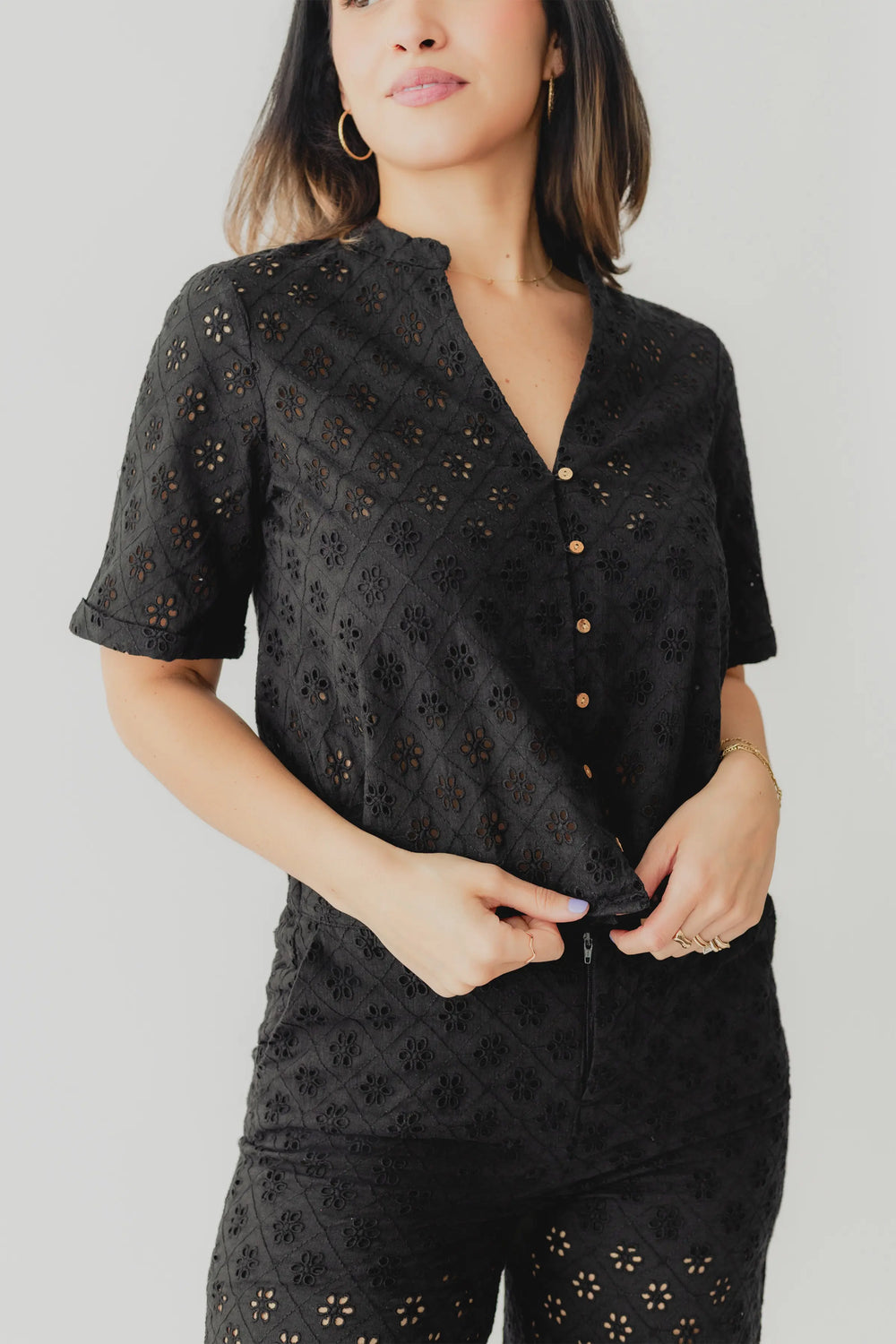 Black Tape Cutwork Embroidery S/S Blouse