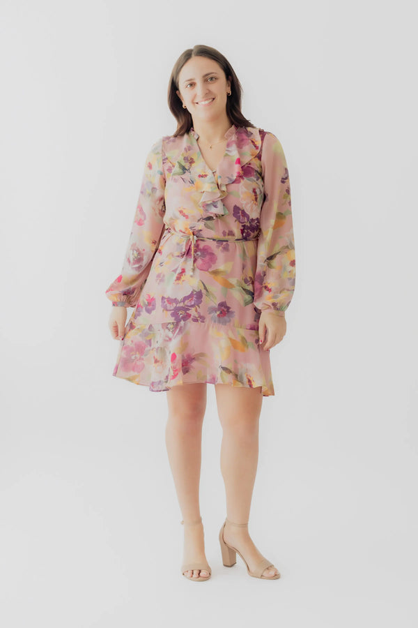 Black Tape Ruffle Belted L/S Dress
