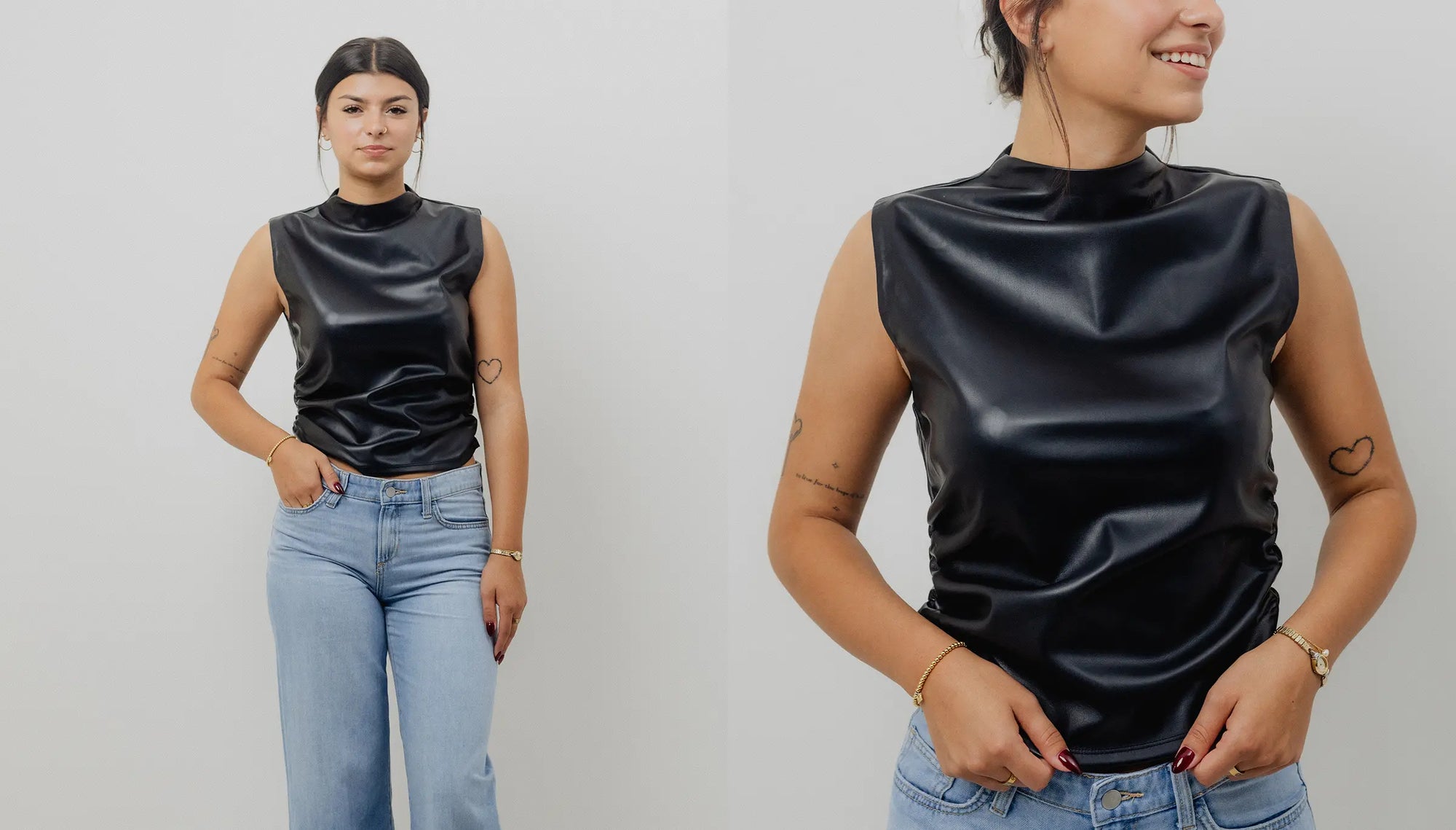 Two views of a person wearing a black sleeveless top against a plain background